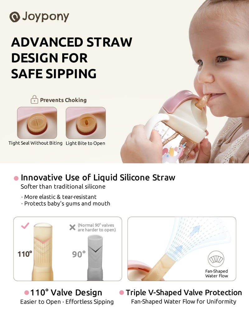 Joypony Sippy Cups for Toddlers 1-3, Spill Proof Weighted Straw Cup with Handle for Baby 6 Months + old, 2 Pack, Total 4 Silicone Straws, PPSU, BPA Free, 9 oz (Pink) - Image 3